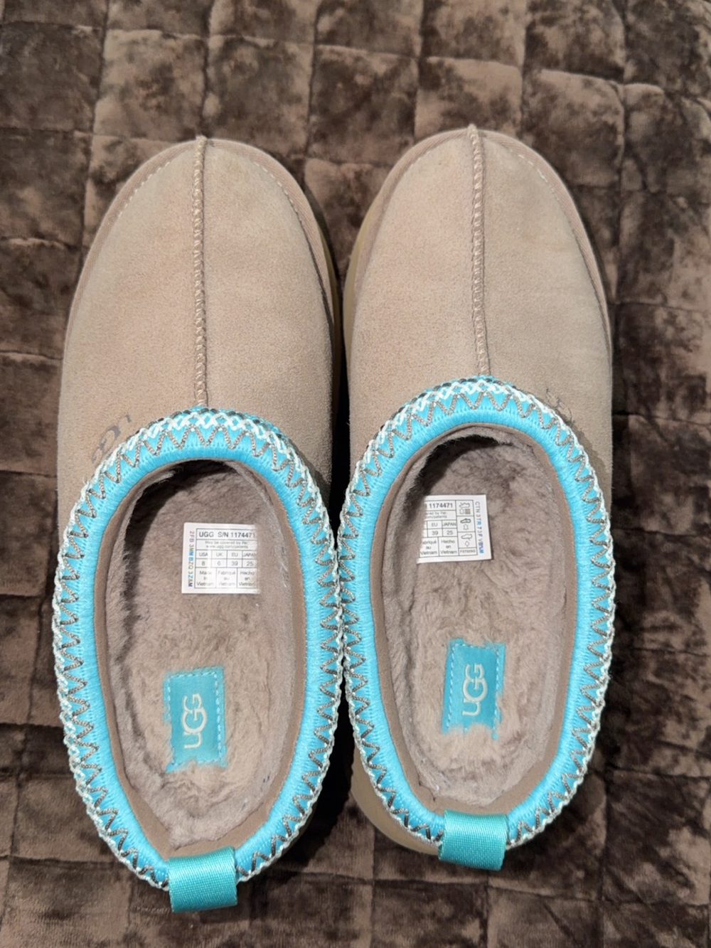 UGG Women's Taupe Suede Slip-On Clogs with Aqua Trim - Picture 2 of 3
